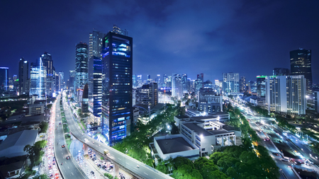 JAKARTA, Indonesia. November 06, 2017: Aerial view of Kuningan central business district with skyscrapers and highway in Jakarta at nightのeditorial素材