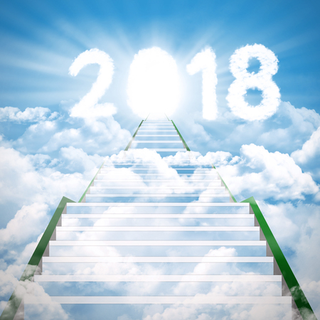 Image of empty stair toward to clouds shaped numbers 2018 with bright doorの写真素材