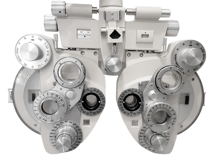 Image of a phoropter used to test eyesight, isolated on white background