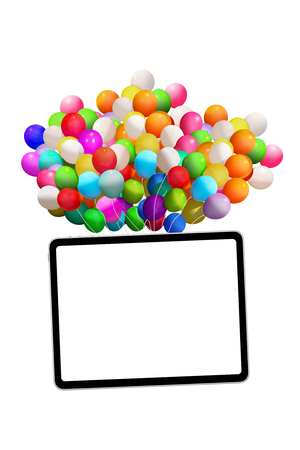Image of empty board flying with colorful balloons, isolated on white backgroundの写真素材