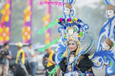 JEMBER - Indonesia. May 21, 2018: Beautiful carnival model on annual parade in Jember Festival Carnavalのeditorial素材