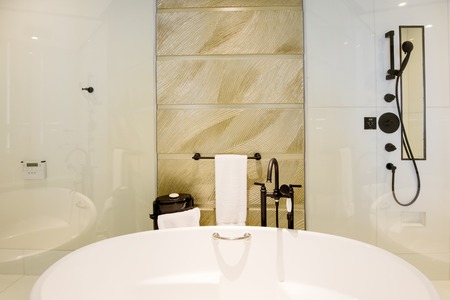 Image of luxury interior of bathroom with modern wash basin in the hotelの写真素材