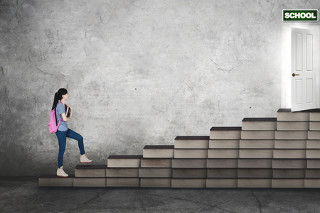 Portrait of a Caucasian female college student carrying a book while walking on book stairs toward a school doorの写真素材