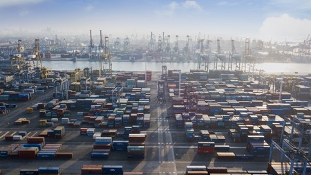 JAKARTA - Indonesia. July 05, 2018: Aerial view of containers stacked in Tanjung Priok industrial...