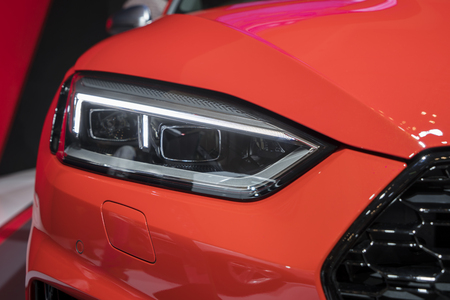 Tangerang - Indonesia. August 14, 2018: Headlight of new Audi RS car in Gaikindo Indonesia International Auto Show 2018のeditorial素材