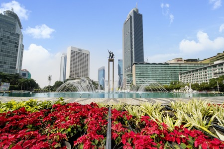JAKARTA - Indonesia. September 18, 2018: Hotel Indonesia roundabout with fountain and Welcome monumentのeditorial素材