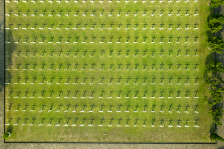 Top view of white crosses on the green grass at Dutch war graveyard in Jakarta, Indonesiaのeditorial素材