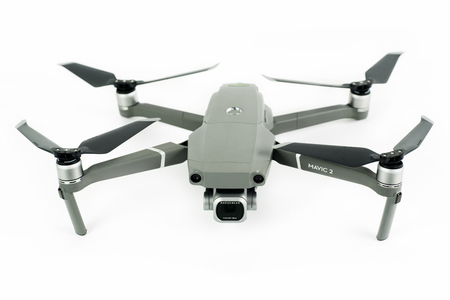 JAKARTA, Indonesia - October 12, 2018: Dji Mavic 2 Pro drone with Hasselblad camera and four propellers, isolated on white backgroundのeditorial素材
