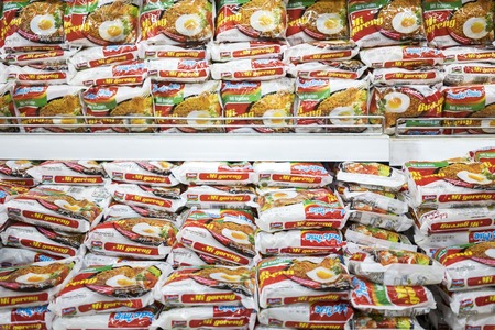 JAKARTA, Indonesia - October 25, 2018: Indomie instant noodles packed display for sell in supermarketのeditorial素材