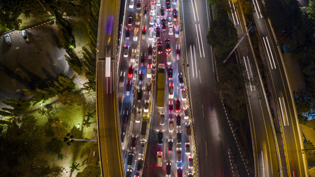 JAKARTA - Indonesia. October 22, 2018: Aerial photo of hectic traffic on the tollway at night time in Jakarta, Indonesiaのeditorial素材