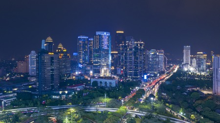 JAKARTA - Indonesia. November 01, 2018: Aerial view of office building with night lights in Jakarta cityのeditorial素材