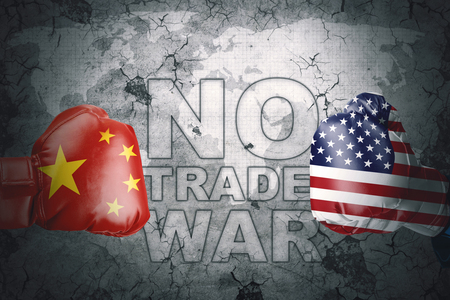Close up of China and USA flag on boxing gloves with text of no trade warの写真素材