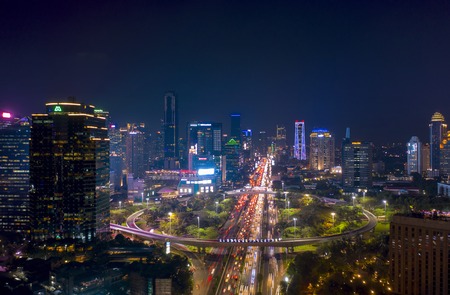 JAKARTA, Indonesia - November 09, 2018: Aerial view of Semanggi highway intersection with traffic...