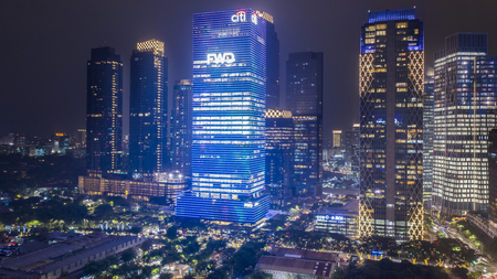JAKARTA - Indonesia. December 12, 2018: Beautiful high building in Jakarta city at night time