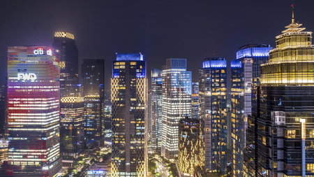 JAKARTA - Indonesia. December 12, 2018: Aerial view of beautiful office buildings with glowing lights in Jakarta cityのeditorial素材