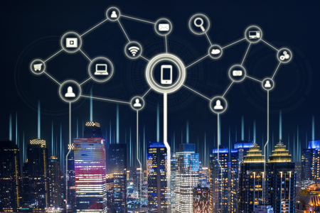 Aerial view of high buildings with social media connection network at night time in Jakarta cityの写真素材