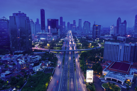 JAKARTA - Indonesia. January 03, 2019: Night view of Jakarta city with Semanggi road interchange and skyscrapersのeditorial素材