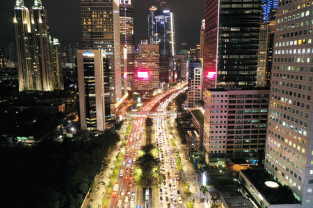 JAKARTA - Indonesia. January 02, 2019: Top view of traffic jam on Sudirman road at night time in Jakarta cityのeditorial素材