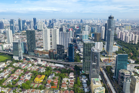 JAKARTA - Indonesia. January 03, 2019: Beautiful Jakarta cityscape with high buildings under blue skyのeditorial素材