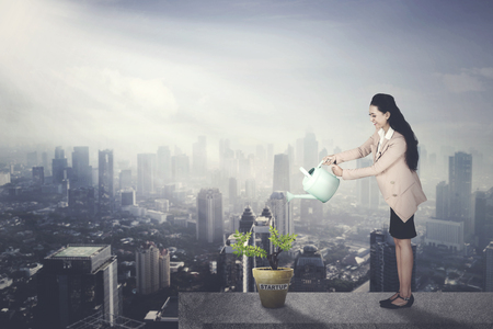 Image of female entrepreneur watering a plant in the pot with startup word in the rooftopの写真素材