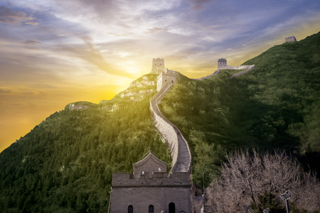 Beautiful scenery of Great Wall of China with watchtower at sunrise time in Beijingの写真素材