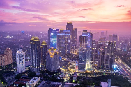 JAKARTA - Indonesia. February 18, 2019: Beautiful cityscape with skyscrapers after sunset  in Jakarta city, Indonesiaのeditorial素材