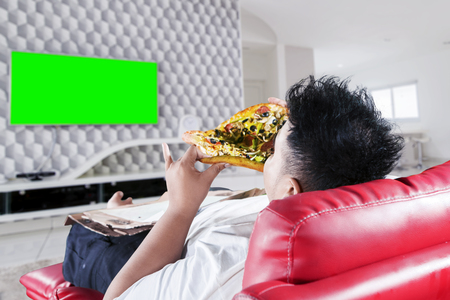Back view of fat man enjoying a big pizza in front of a television while sitting on the sofa. Shot at homeの写真素材