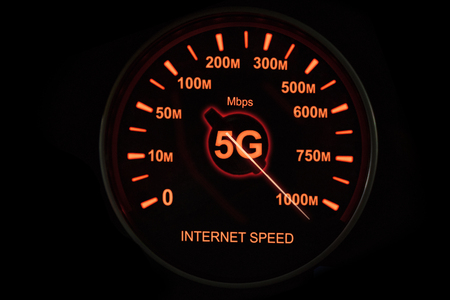 Close up of 5G network speedometer showing Mbps numbers in high speed. Internet speed conceptの写真素材