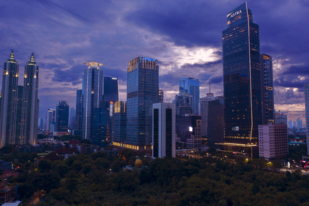 JAKARTA - Indonesia. March 20, 2019: Beautiful dawn skyline with skyscrapers in Jakarta downtownのeditorial素材