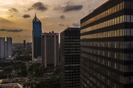 JAKARTA - Indonesia. March 20, 2019: Drone view of office buildings in Jakarta city at dusk timeのeditorial素材