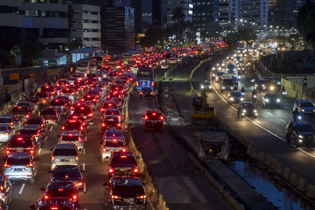 JAKARTA - Indonesia. March 27, 2019: Top view of heavy traffic at night time in Jakarta city