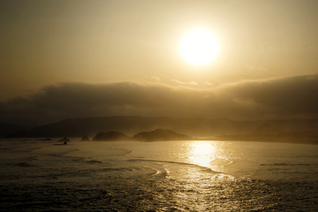 Aerial view of beautiful seascape at sunset time in Lombok, Indonesiaの写真素材