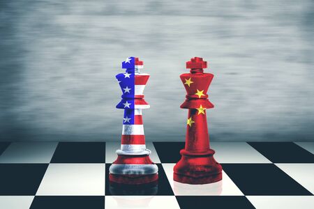 Image of China and USA flag on chess king. Trade war conceptの写真素材