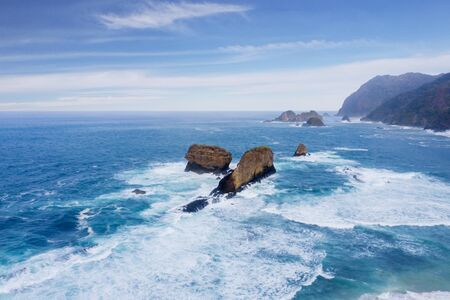 Aerial view of Papuma beach with aquamarine water in Jember, Indonesiaの写真素材