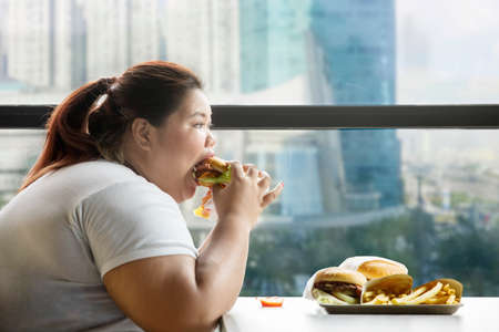 Close up of voracious fat woman eating a burger while sitting in the restaurantの写真素材