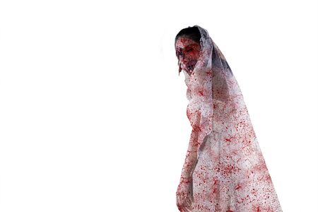 Spooky bride ghost standing in the studio, isolated on white