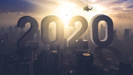Silhouette of helicopters flying in the sky above numbers 2020 and Jakarta city at sunrise timeの写真素材