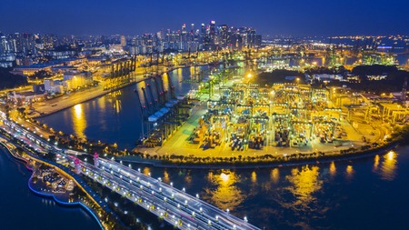 Singapore. October 14, 2017: Amazing  view of commercial port with beautiful lights of modern skyscrapersのeditorial素材