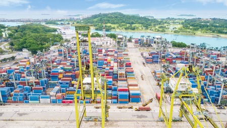 SENTOSA ISLAND - Singapore. October 27, 2019: Aerial drone view of containers at Port of Singapore shot at middayのeditorial素材