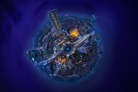 JAKARTA, Indonesia - January 13, 2020: Night spherical aerial 360Â° panorama view of Hotel...