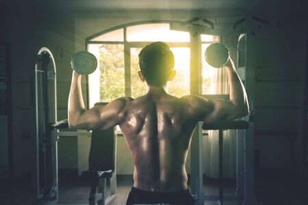 Rear view of young asian man holding two dumbbells while standing in the gymの写真素材