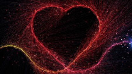 Flat layout of red heart shaped fiber particle with a small light beam, isolated in black background...