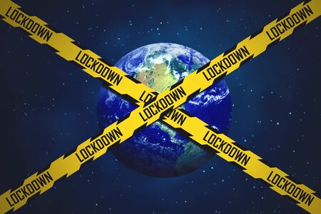 Earth with lockdown text on yellow line tape. Coronavirus outbreak conceptの写真素材