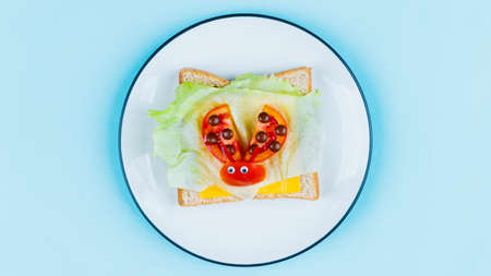 Funny breakfast toast for kids shaped ladybugs from vegetables and cheese on the plate over the tableの写真素材