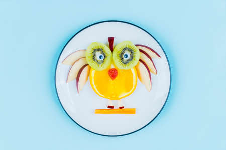 Funny owl animal face made of orange, apple, and kiwi fruit on the plate over the tableの写真素材