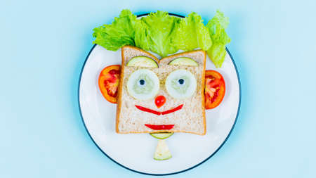 Healthy sandwich for kids shaped funny face with sliced vegetables on the plate over the tableの写真素材