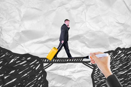 Confident businessman wearing face mask while standing near growth business chart with coronavirus backgroundの写真素材