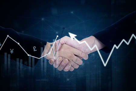 Double exposure of two business people shaking hands with upward arrow and cityscape background
