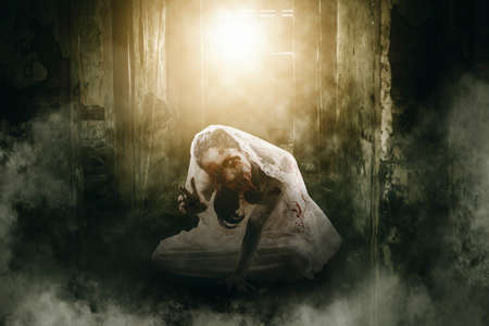 Halloween horror concept. Spooky female bride reach out her hand at the camera while crawling in the haunted house with moonlight backgroundの写真素材