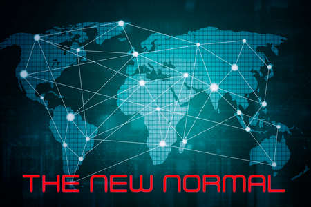 Close up world map with dots linked by lines and text of the new normal. Network connection concept